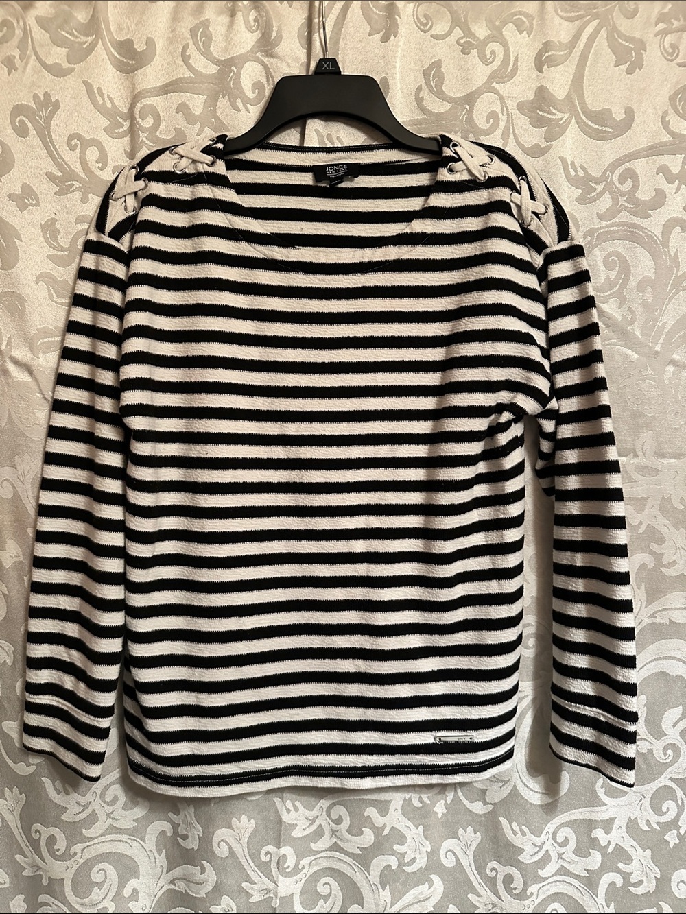 Jones New York Black White Striped Scoop Neck Sweater Shoulder Ties Nautical
